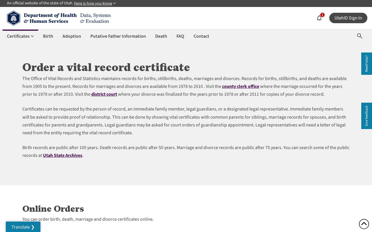 Clinton public records options for ordering Utah vital certificates