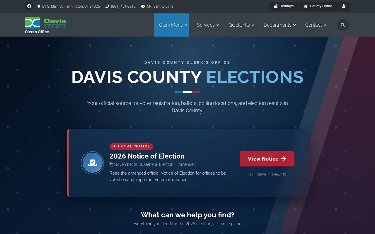 Clinton voter registration records contact page for Davis County Elections